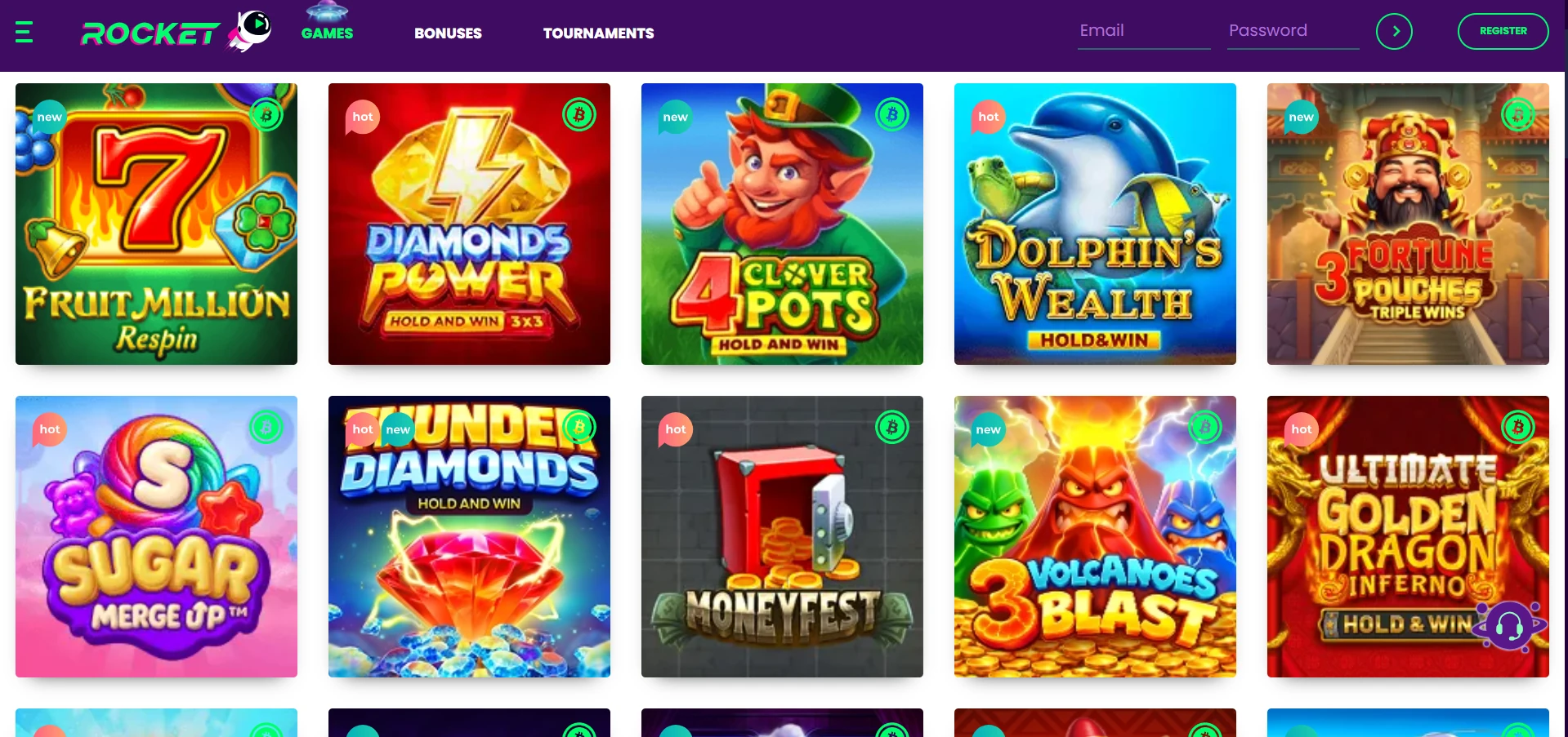 Rocket Casino games lobby with pokie icons
