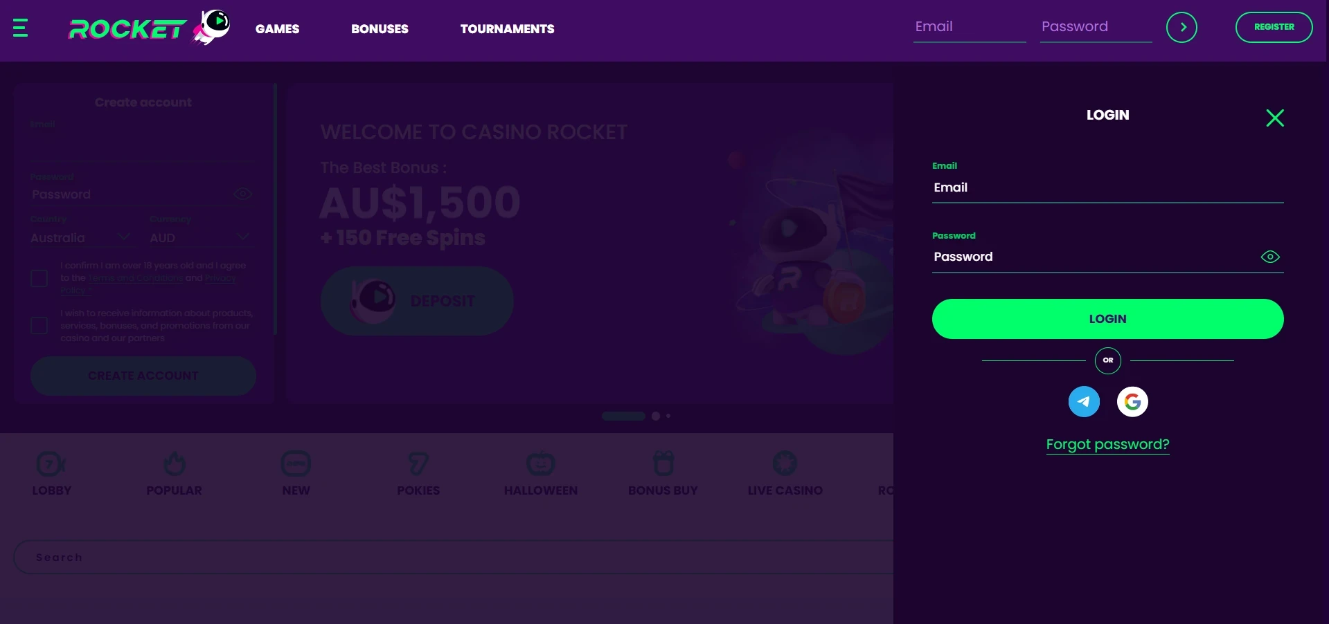 Rocket Casino login form